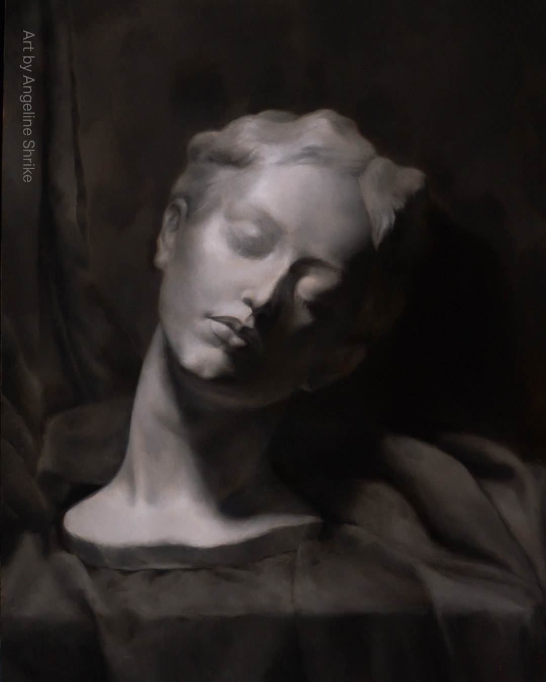Marble bust of a serene woman with closed eyes against a dark background